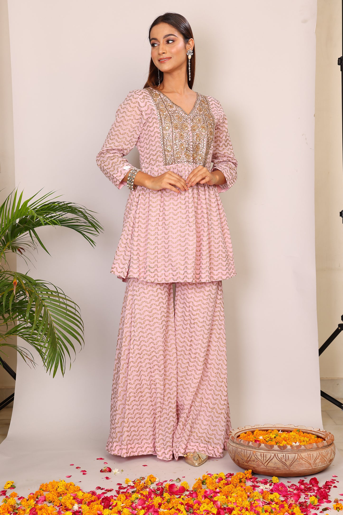 Blush hand block co-ord with Kundan embroidery