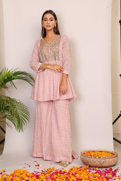 Blush hand block co-ord with Kundan embroidery