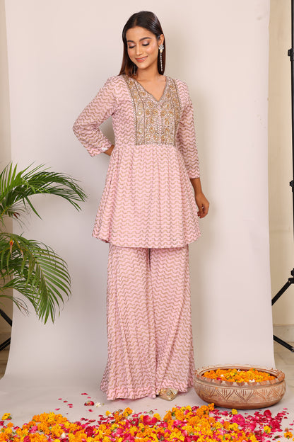 Blush hand block co-ord with Kundan embroidery