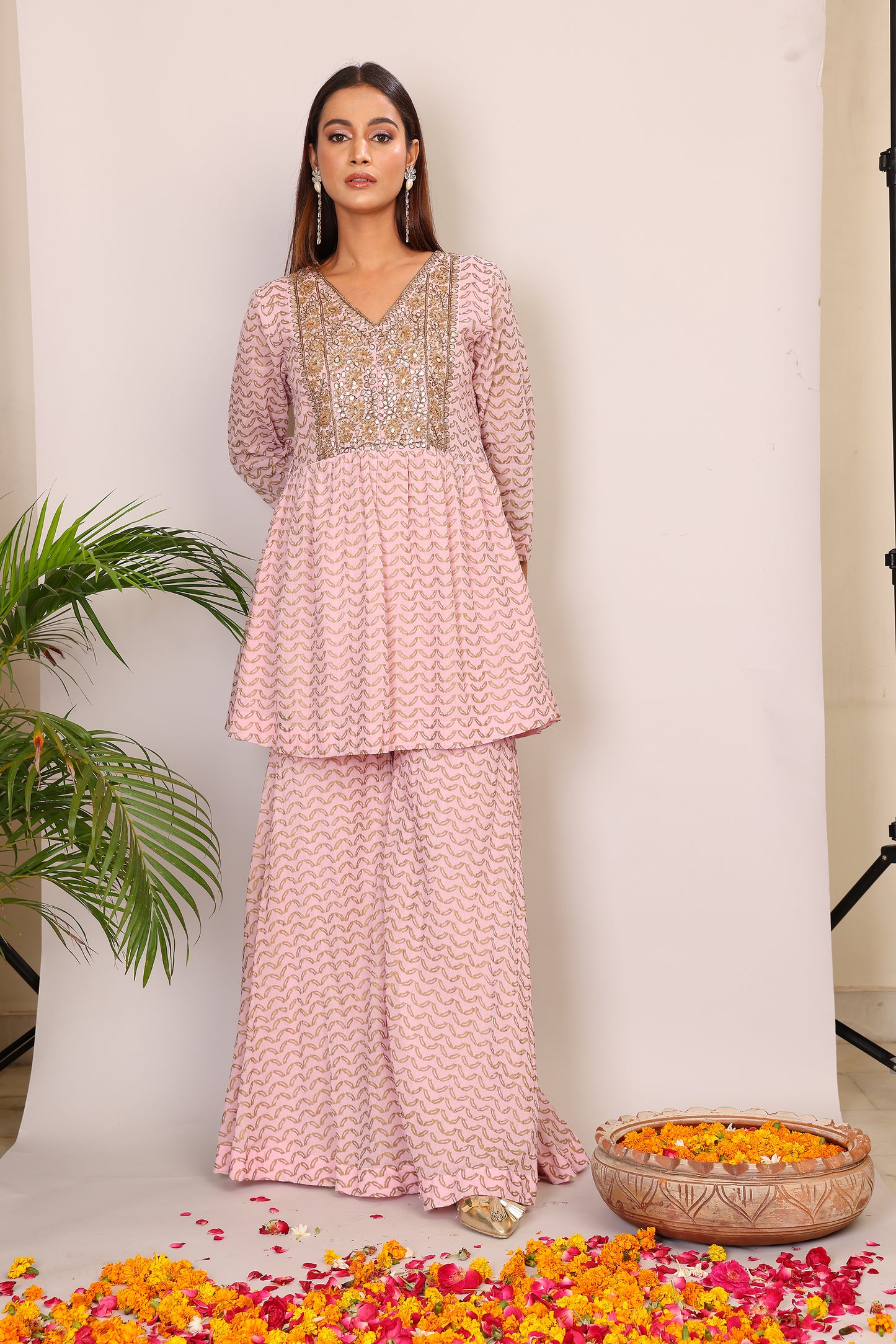 Blush hand block co-ord with Kundan embroidery