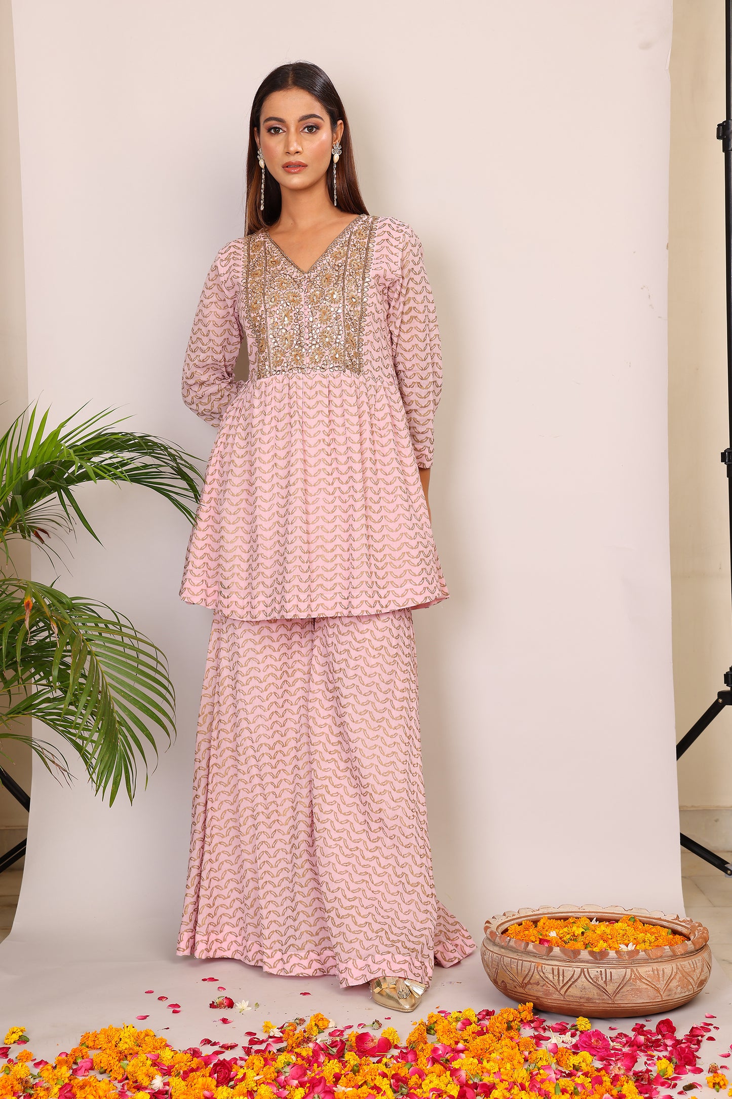 Blush hand block co-ord with Kundan embroidery