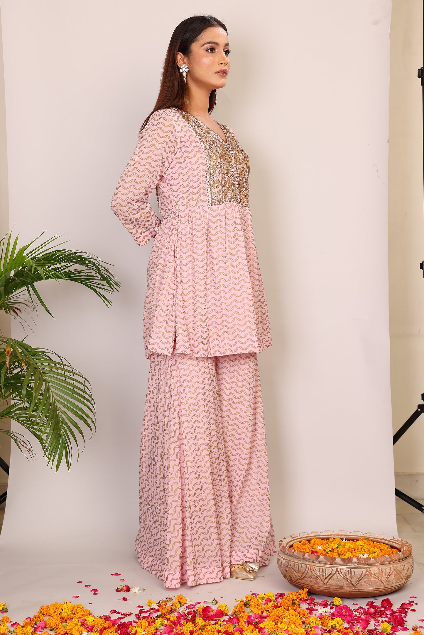 Blush hand block co-ord with Kundan embroidery