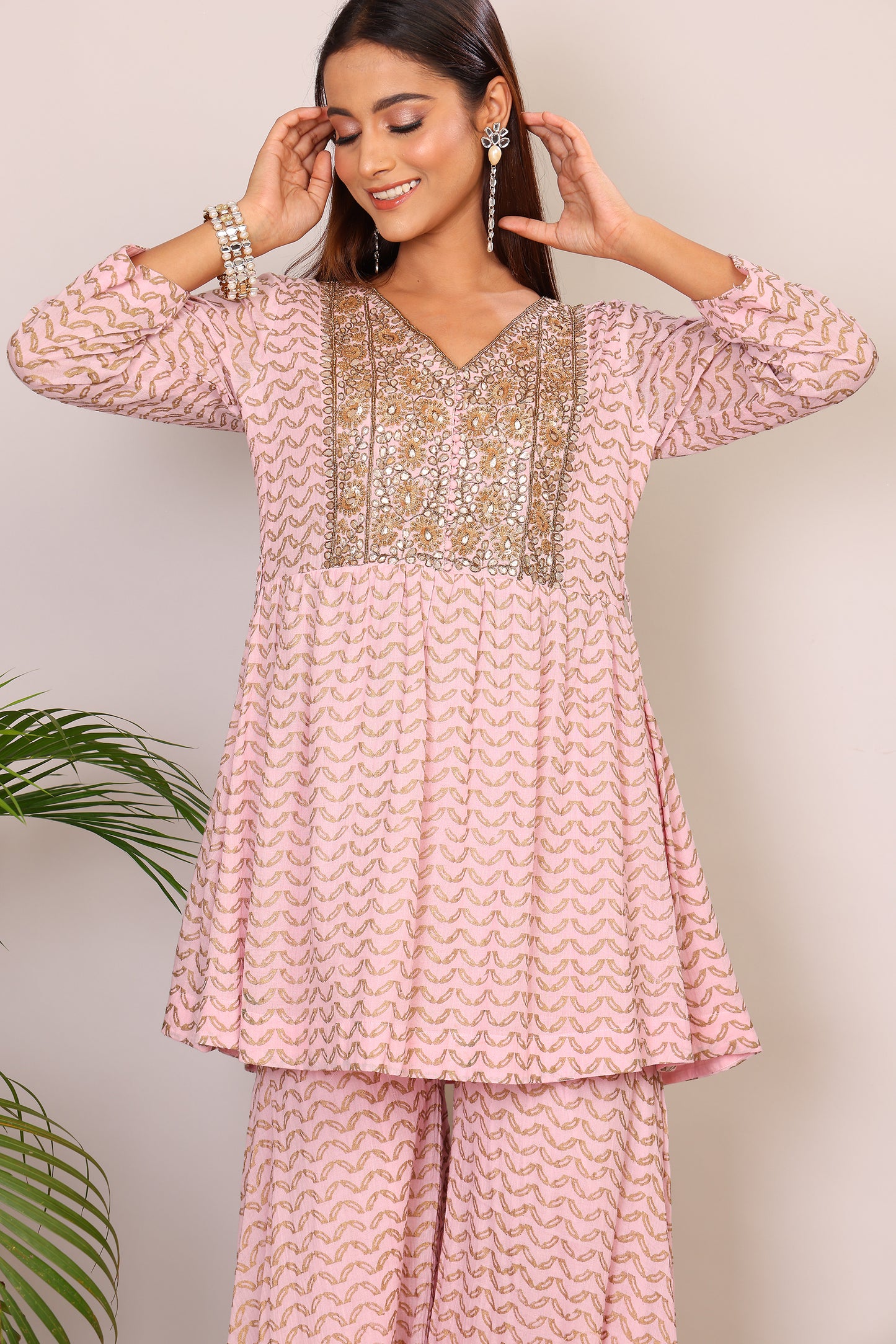 Blush hand block co-ord with Kundan embroidery