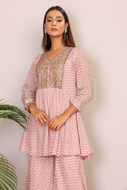 Blush hand block co-ord with Kundan embroidery