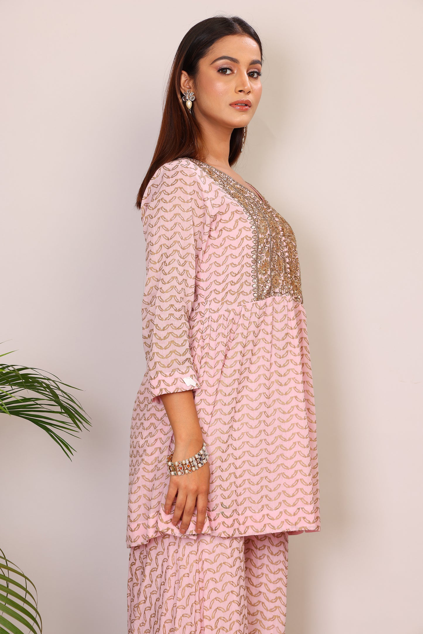 Blush hand block co-ord with Kundan embroidery