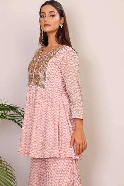 Blush hand block co-ord with Kundan embroidery