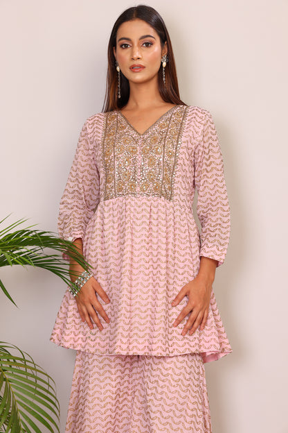 Blush hand block co-ord with Kundan embroidery