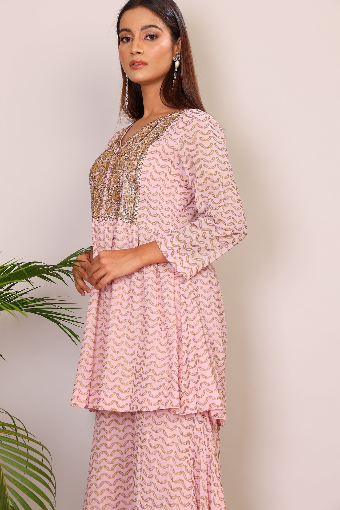 Blush hand block co-ord with Kundan embroidery