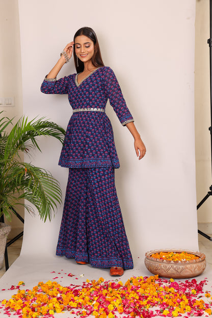 Violet hand block co-ord with belt embroidery