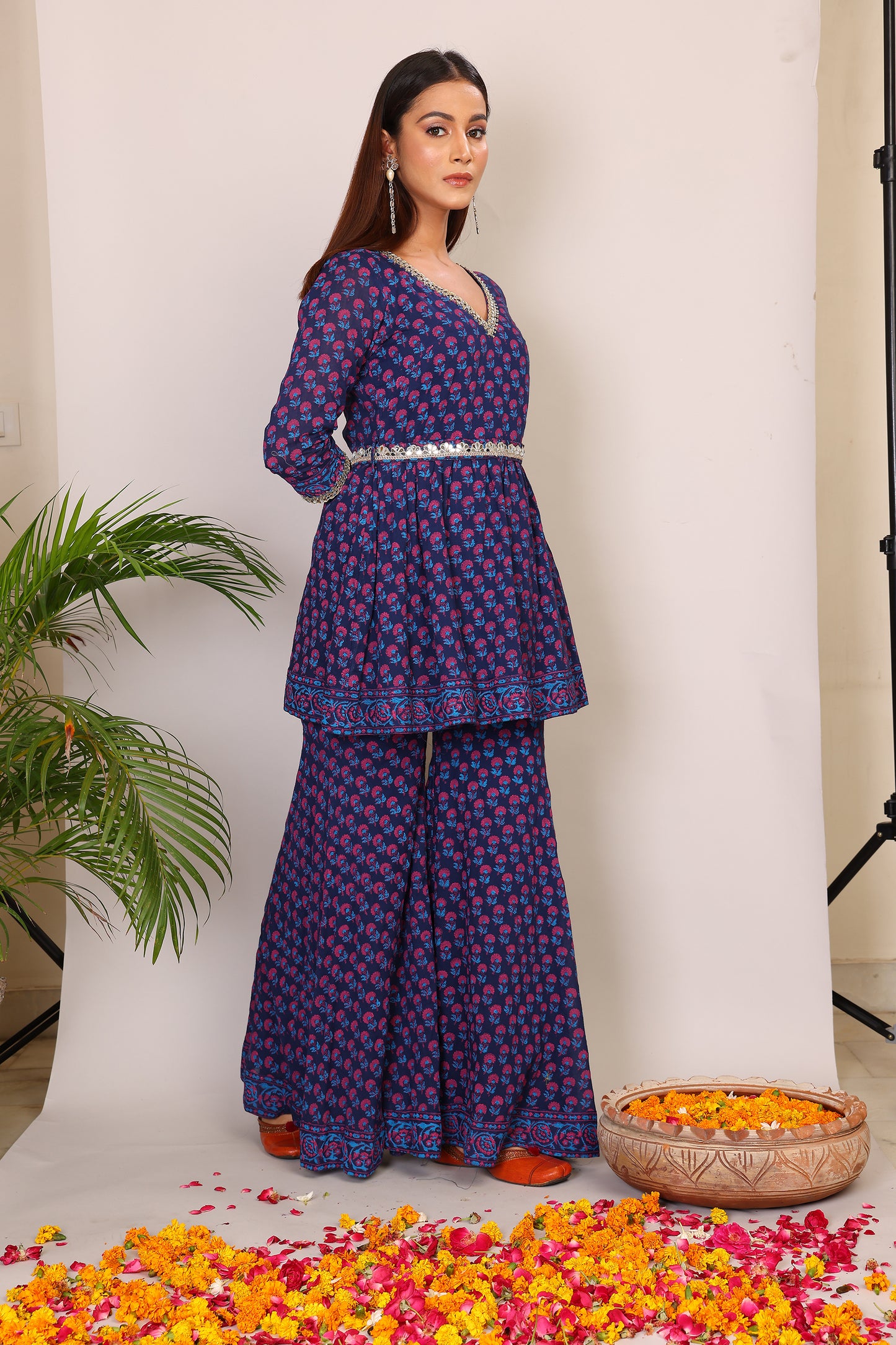 Violet hand block co-ord with belt embroidery