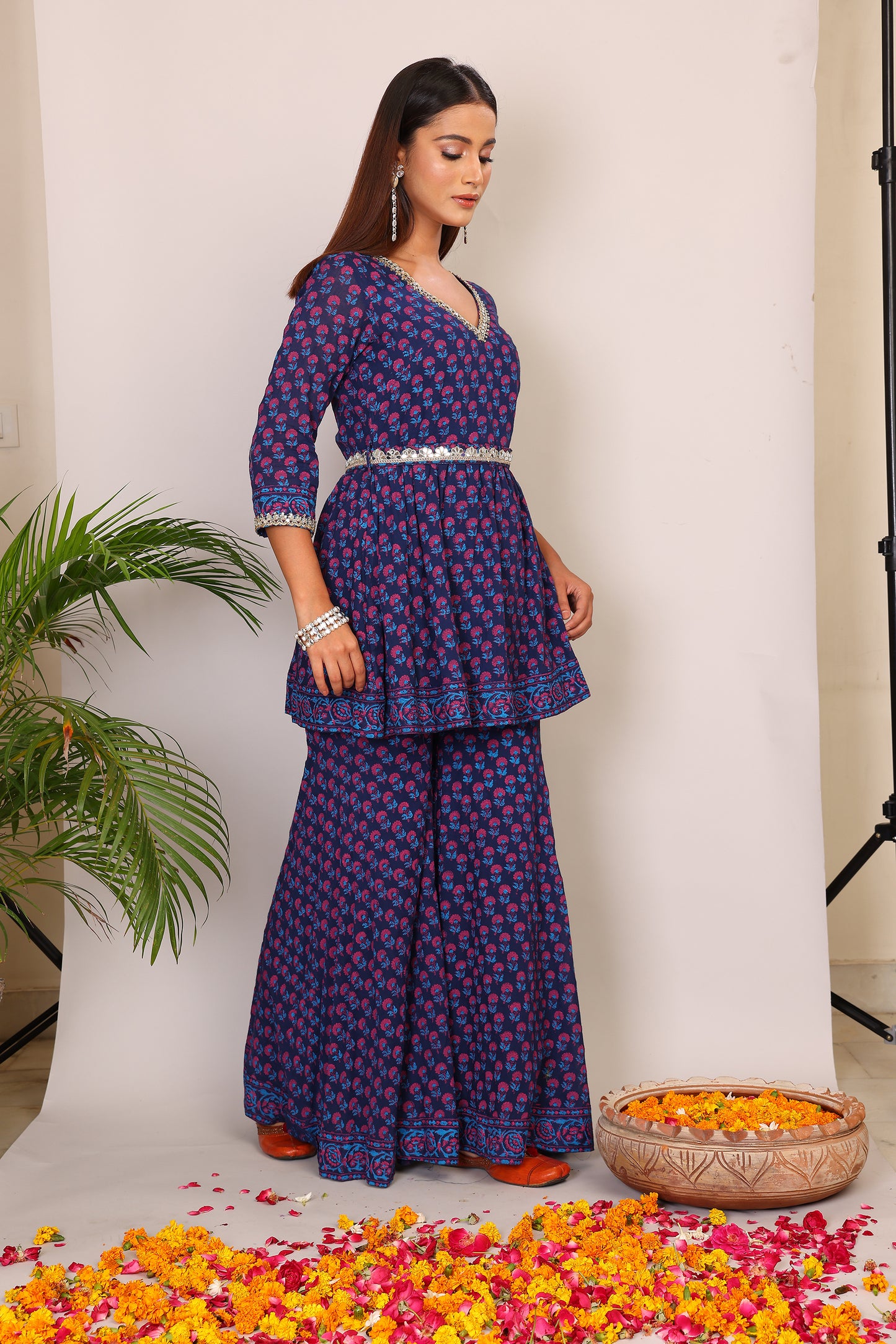 Violet hand block co-ord with belt embroidery