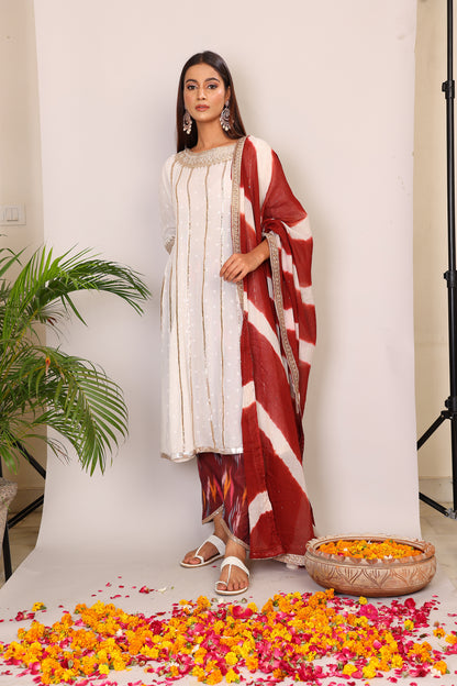 Embroidered Ivory kurta with leheriya dupatta and pants