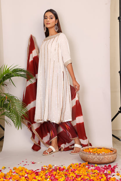 Embroidered Ivory kurta with leheriya dupatta and pants