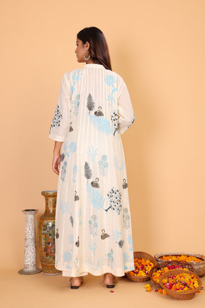 Kalidaar kurta with hand block print in shades of blue