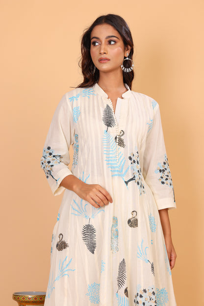 Kalidaar kurta with hand block print in shades of blue