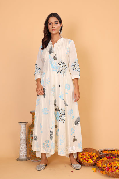 Kalidaar kurta with hand block print in shades of blue