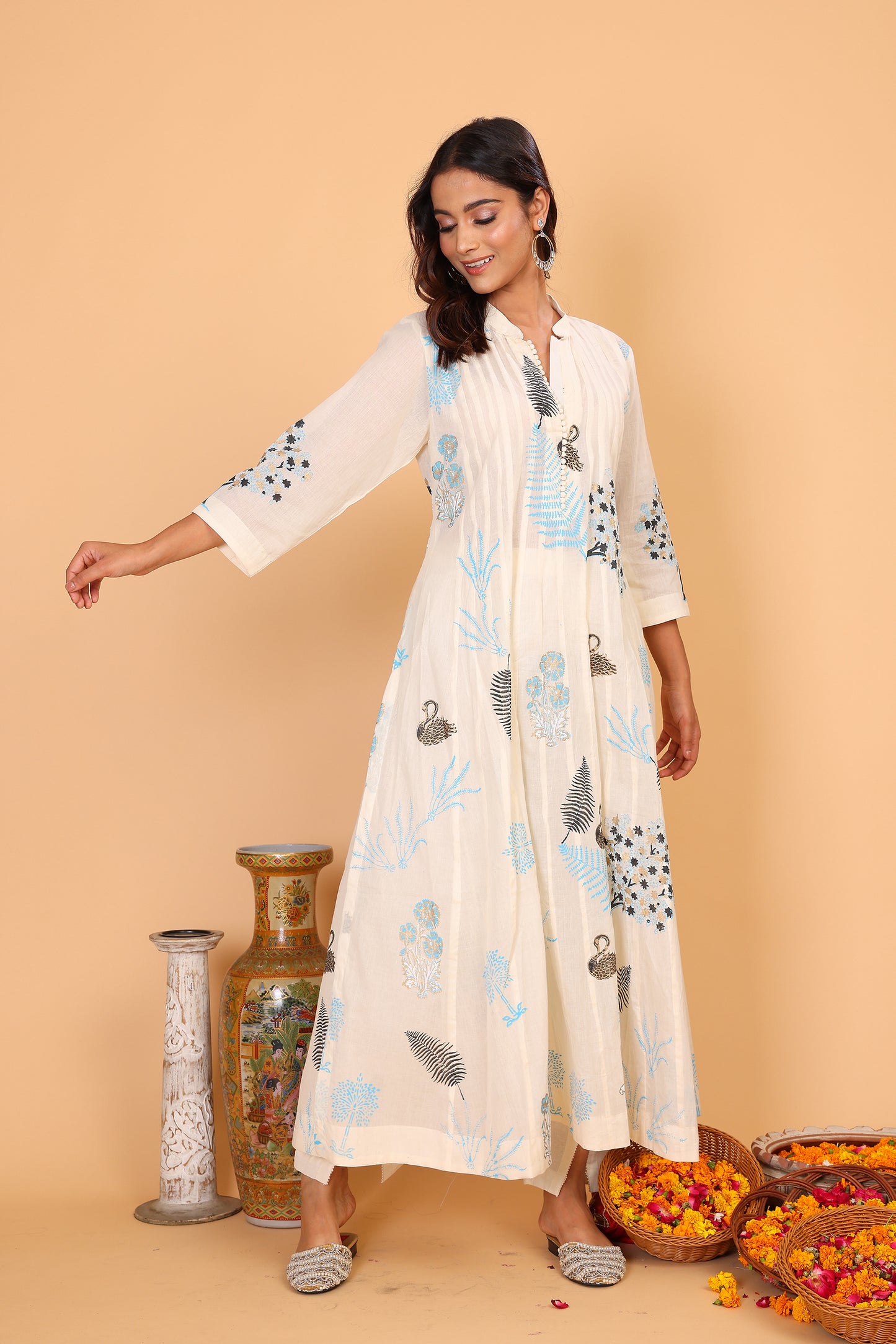 Kalidaar kurta with hand block print in shades of blue