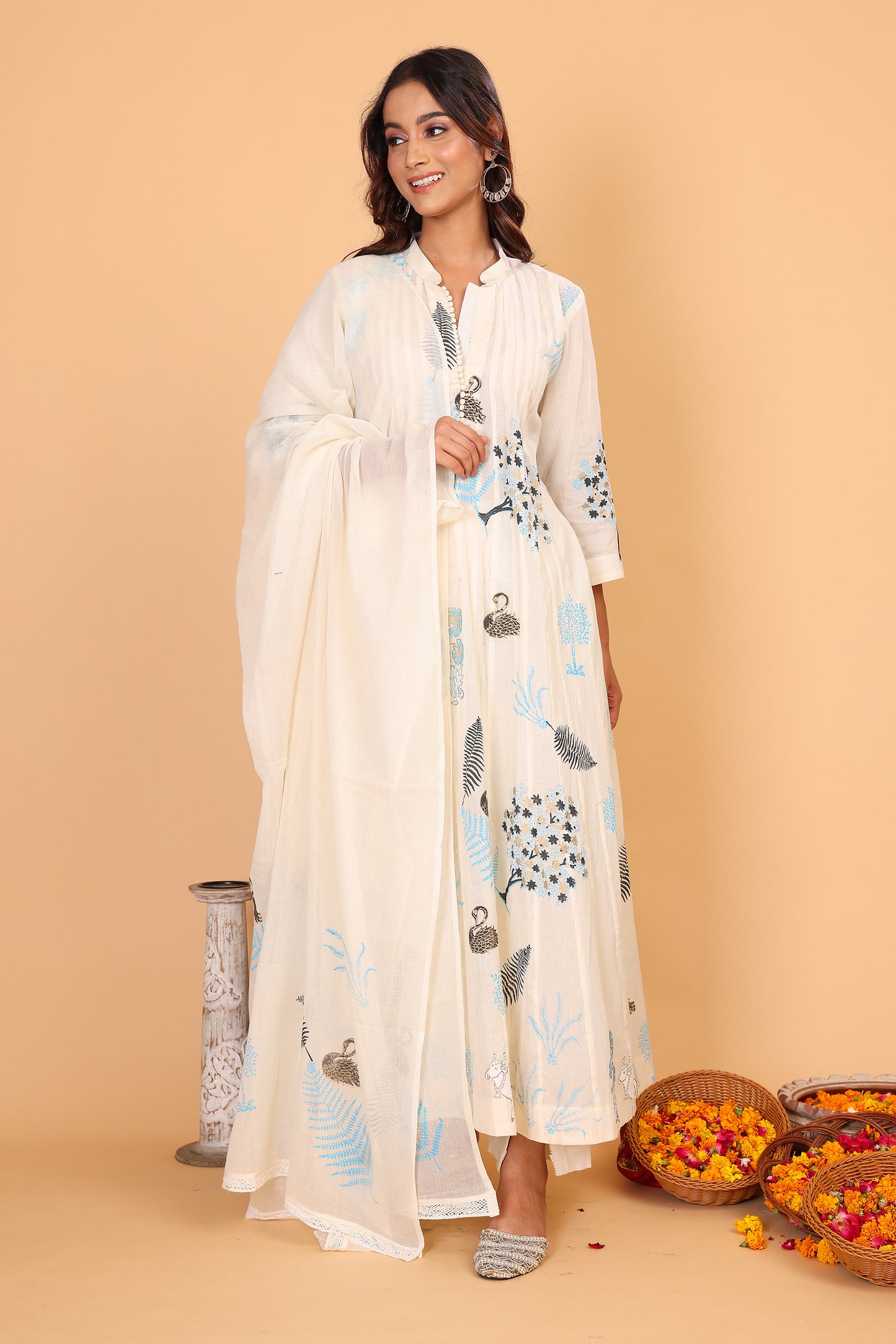 Kalidaar kurta with hand block print in shades of blue