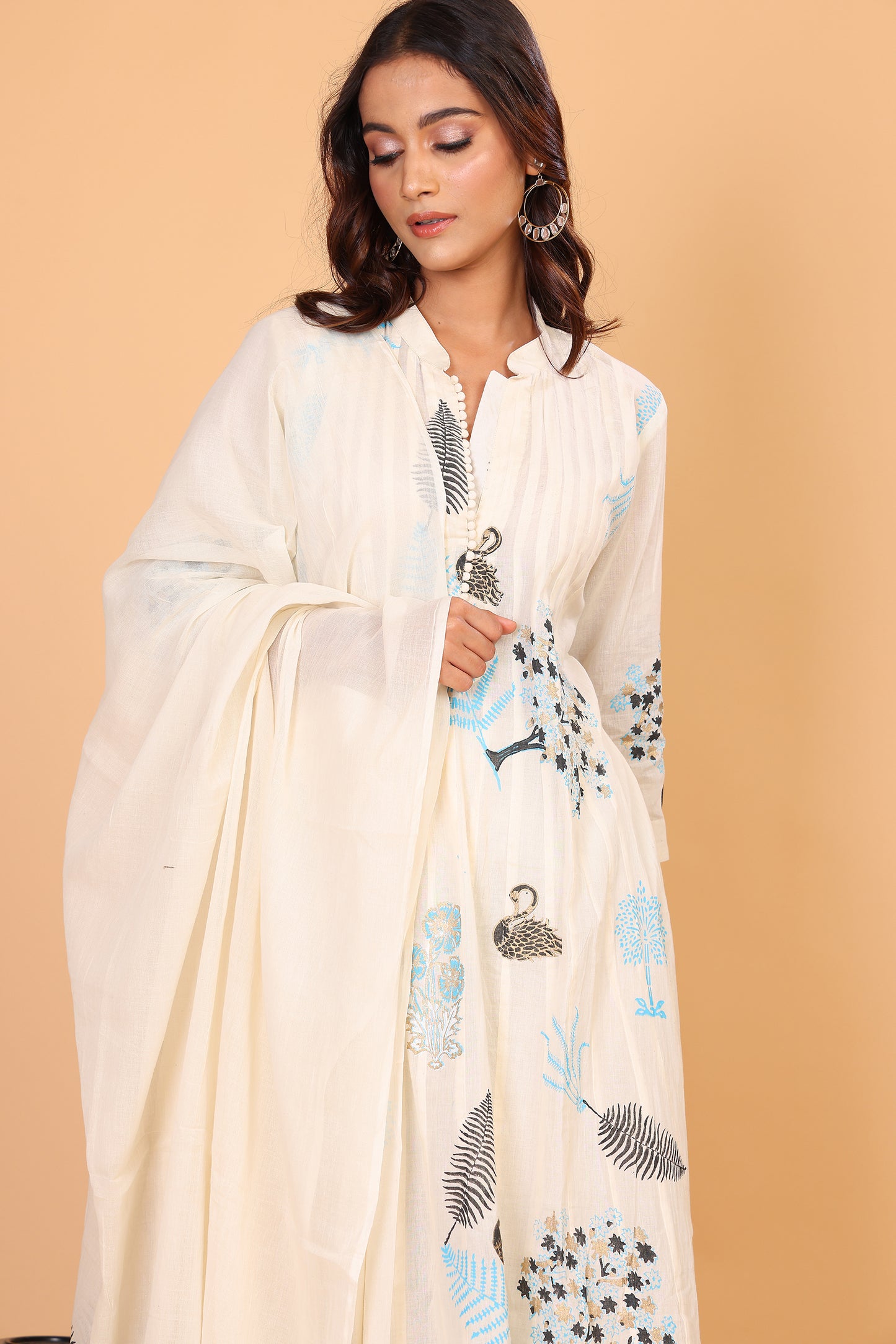 Kalidaar kurta with hand block print in shades of blue