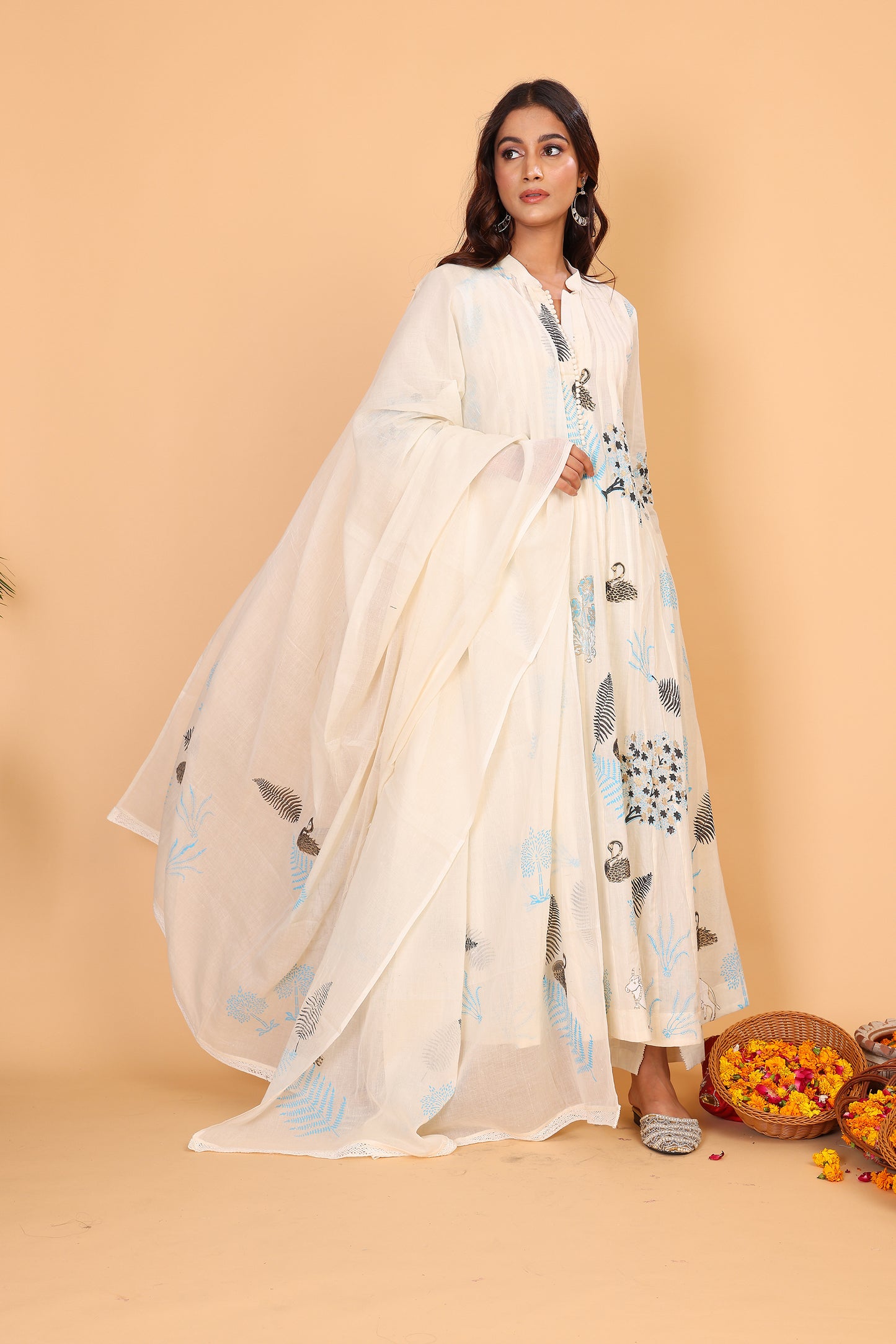 Kalidaar kurta with hand block print in shades of blue