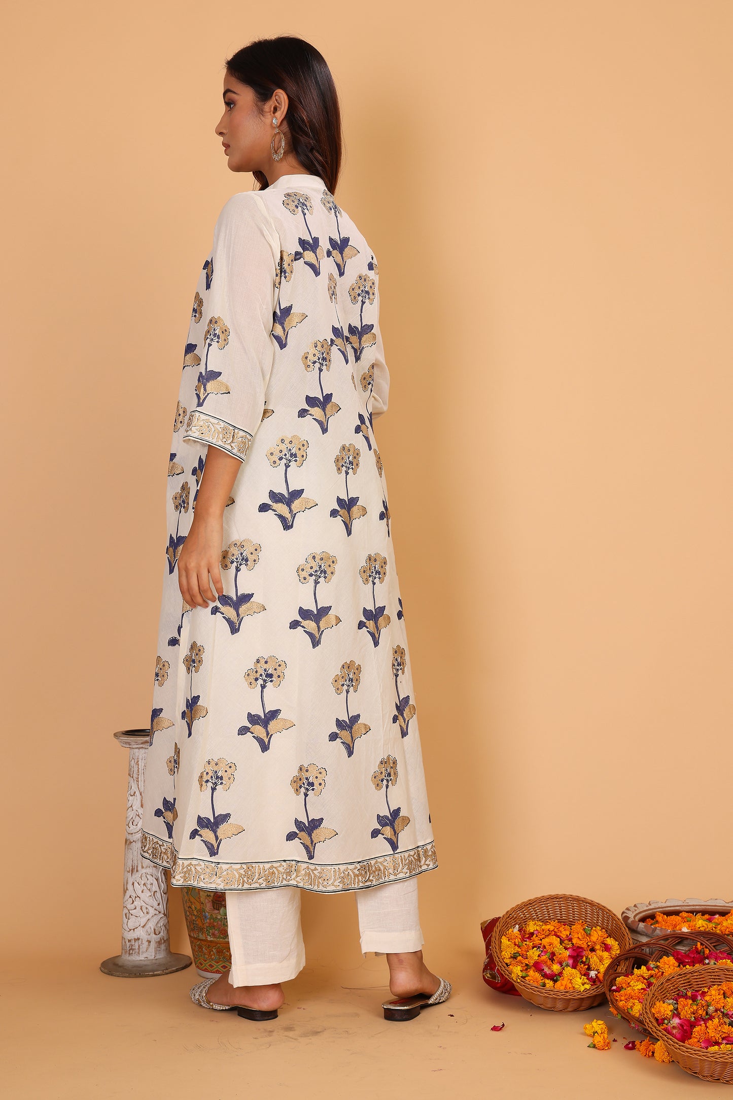 Off white kurta with golden khadi block print with dupatta and pants