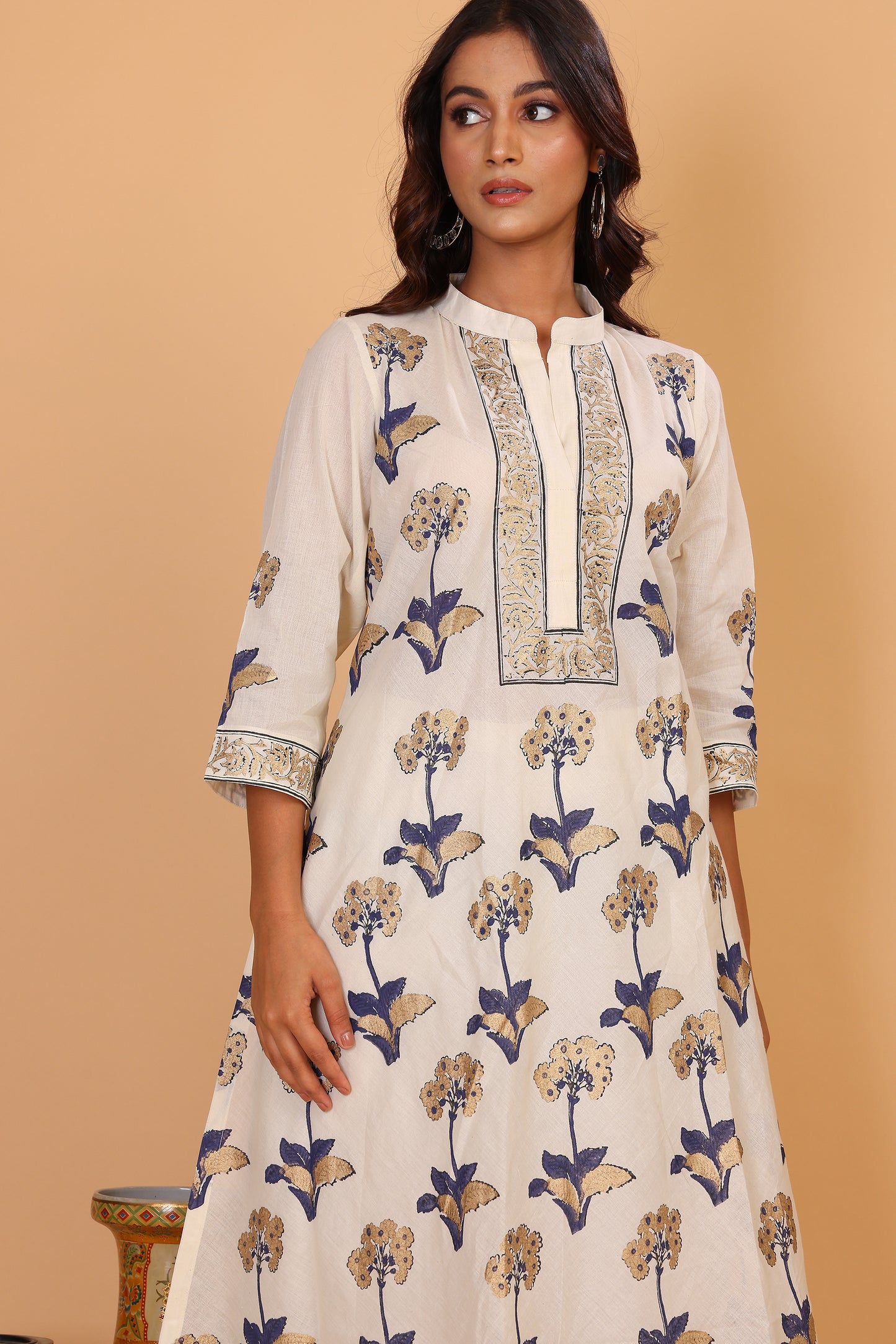 Off white kurta with golden khadi block print with dupatta and pants