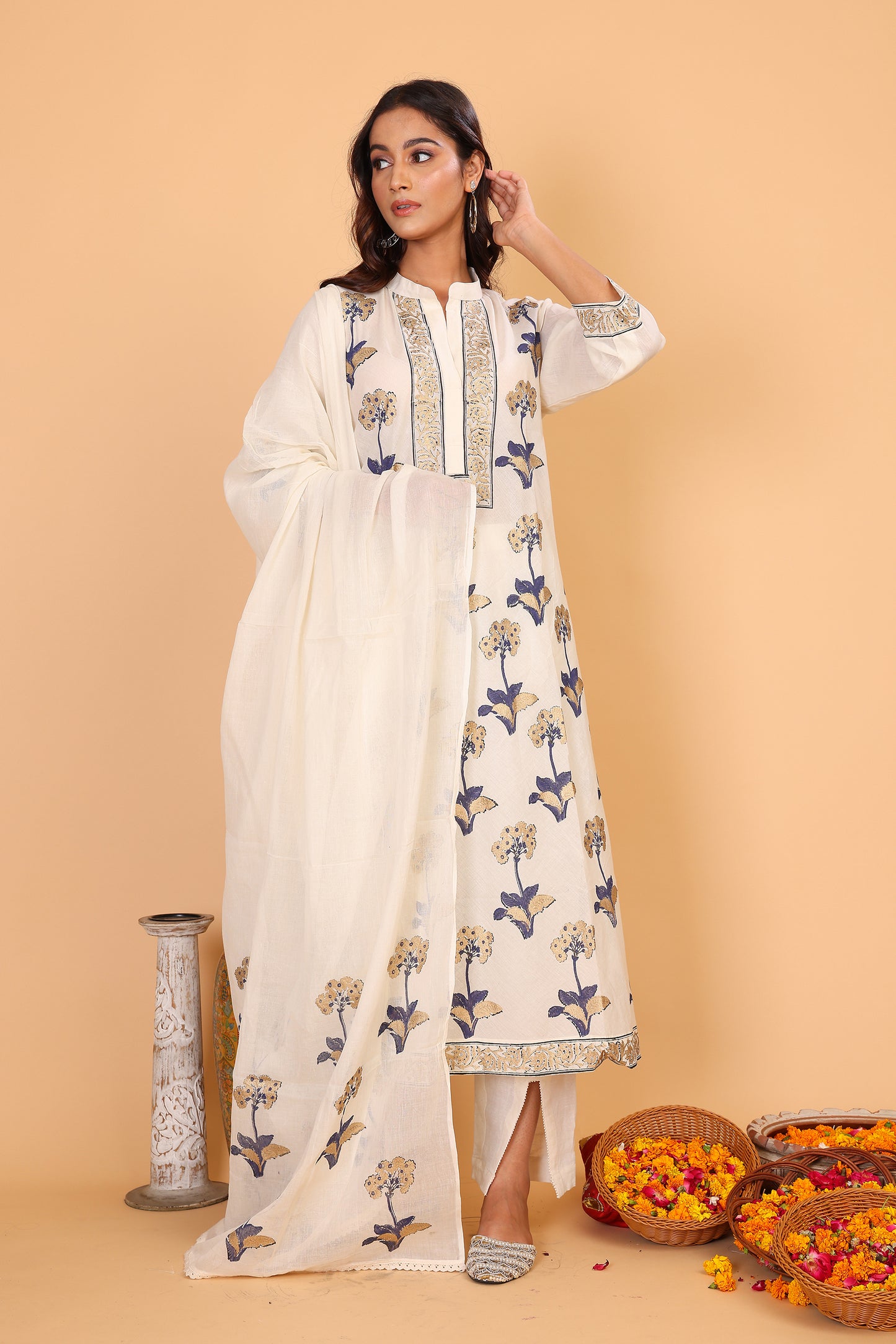 Off white kurta with golden khadi block print with dupatta and pants