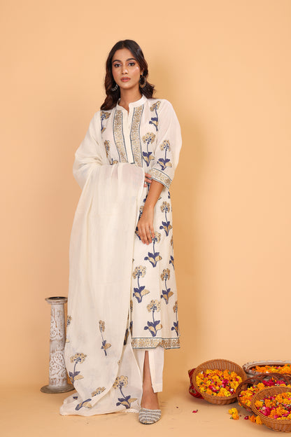 Off white kurta with golden khadi block print with dupatta and pants