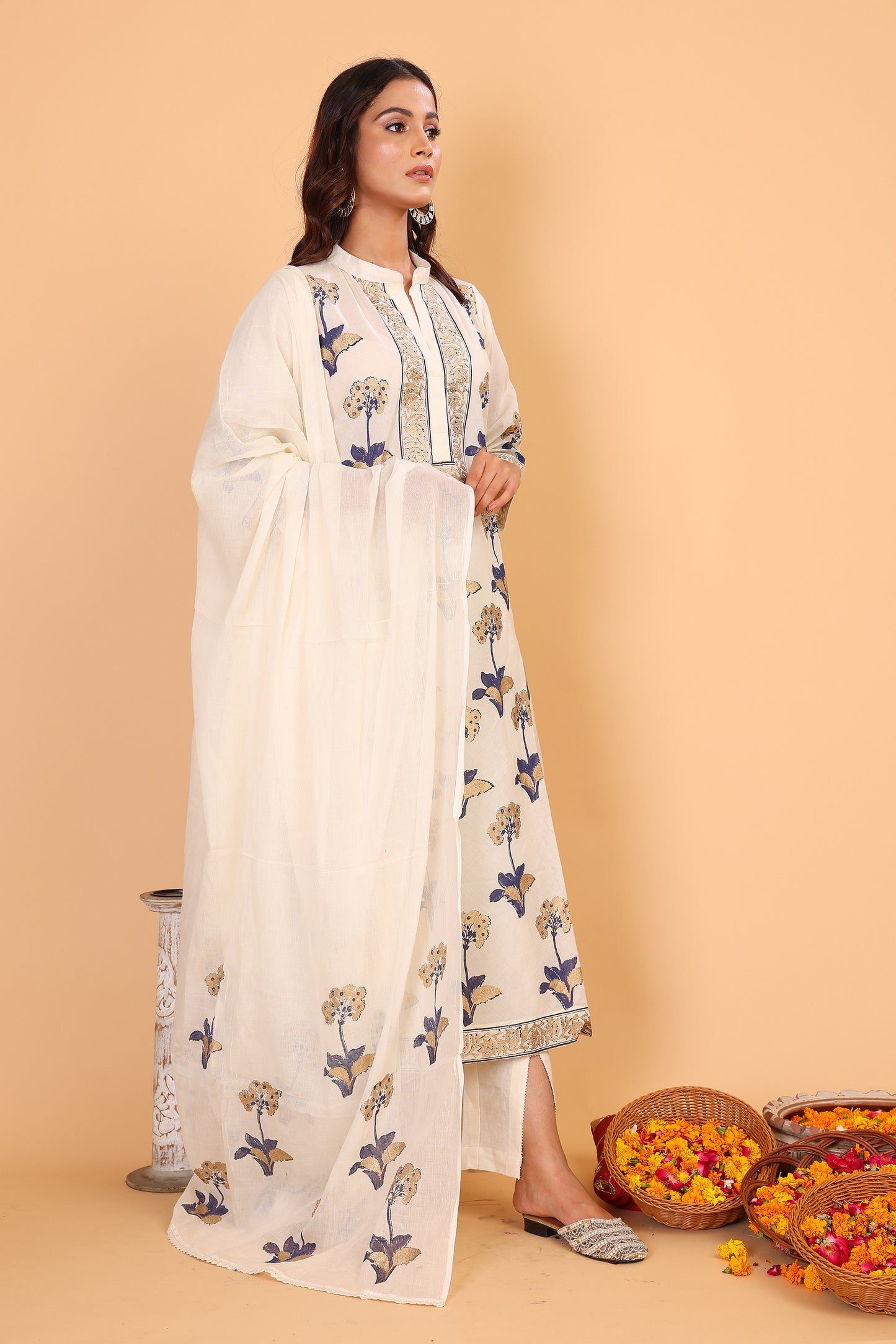 Off white kurta with golden khadi block print with dupatta and pants