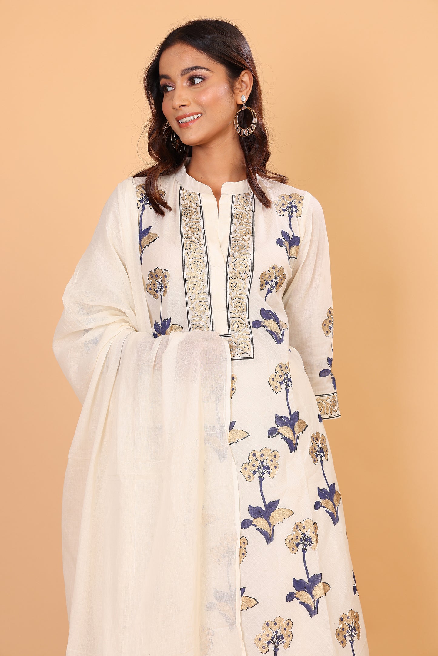 Off white kurta with golden khadi block print with dupatta and pants