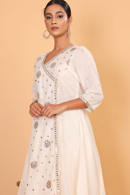 Off white angrakha styled anarkali with mirror embroidery with pants