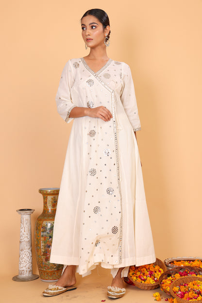 Off white angrakha styled anarkali with mirror embroidery with pants