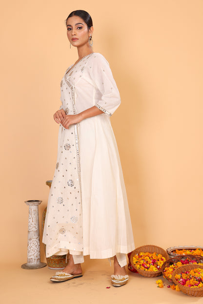 Off white angrakha styled anarkali with mirror embroidery with pants