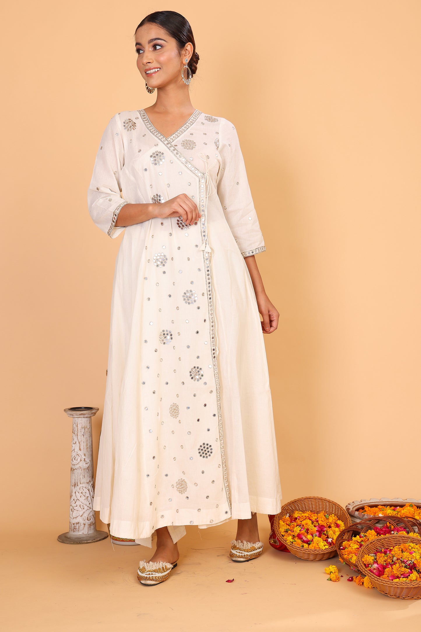 Off white angrakha styled anarkali with mirror embroidery with pants