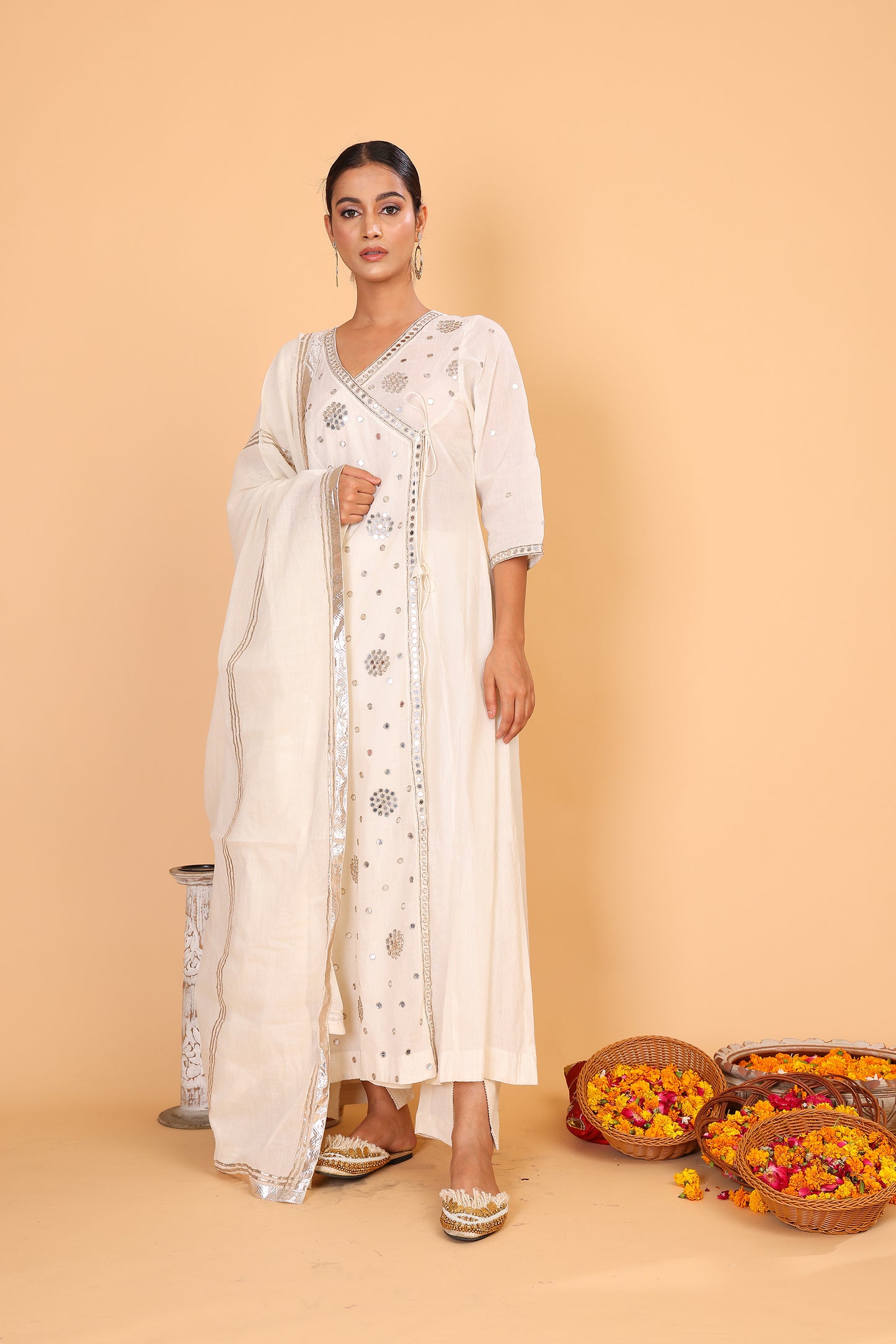 Off white angrakha styled anarkali with mirror embroidery with pants