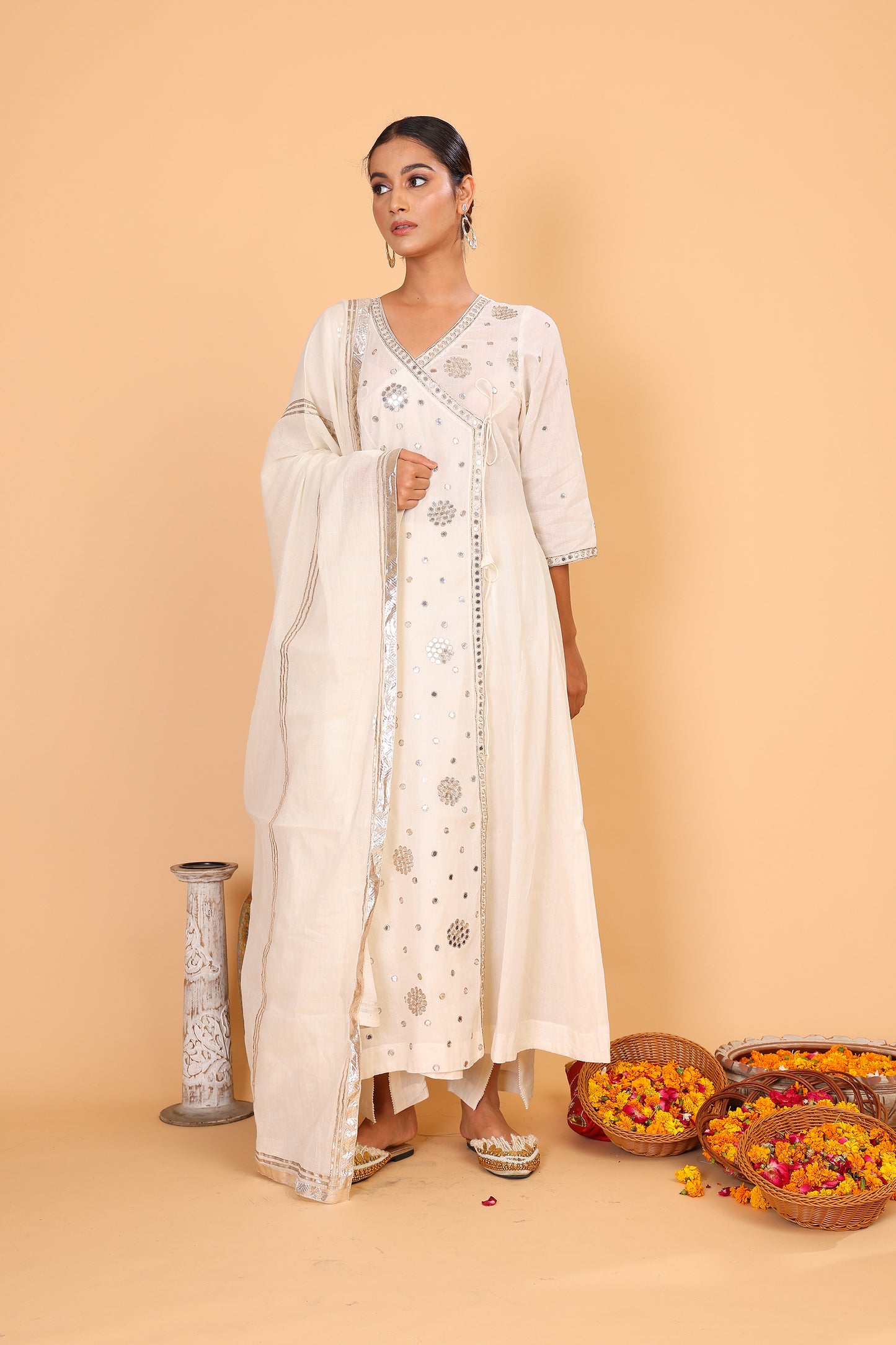 Off white angrakha styled anarkali with mirror embroidery with pants