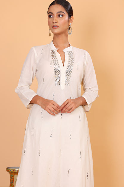 Off white kurta anarkali with mirror embroidery neckline with pants