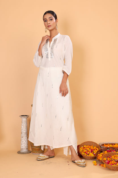 Off white kurta anarkali with mirror embroidery neckline with pants