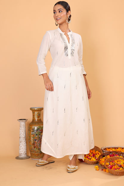 Off white kurta anarkali with mirror embroidery neckline with pants