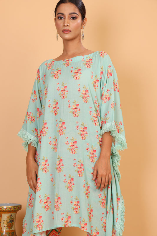 Floral kaftan with fringeing and chevron print pants