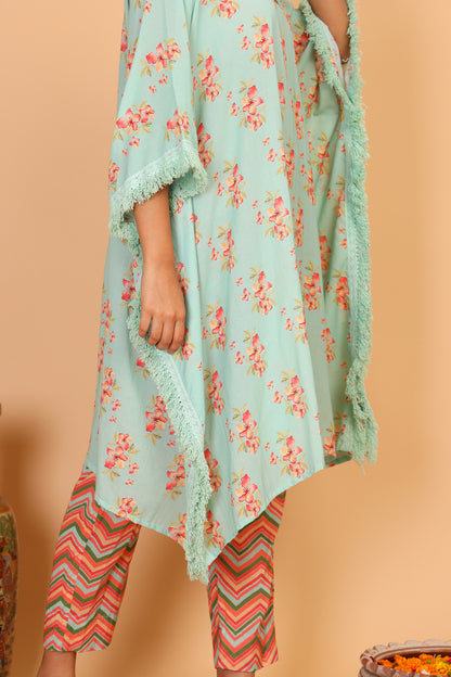 Floral kaftan with fringeing and chevron print pants