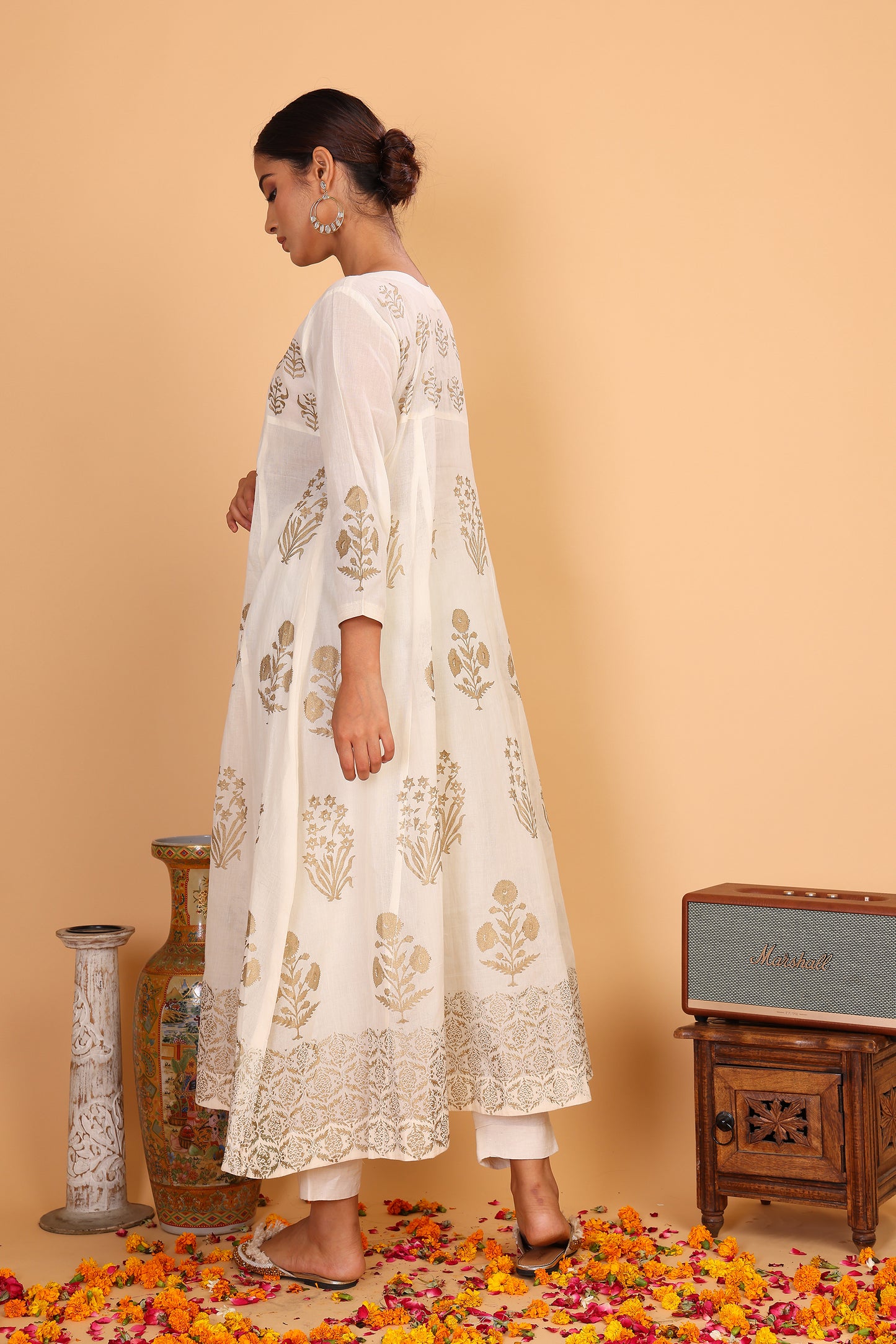 Kalidaar anarkali with chamapagne block print and pants