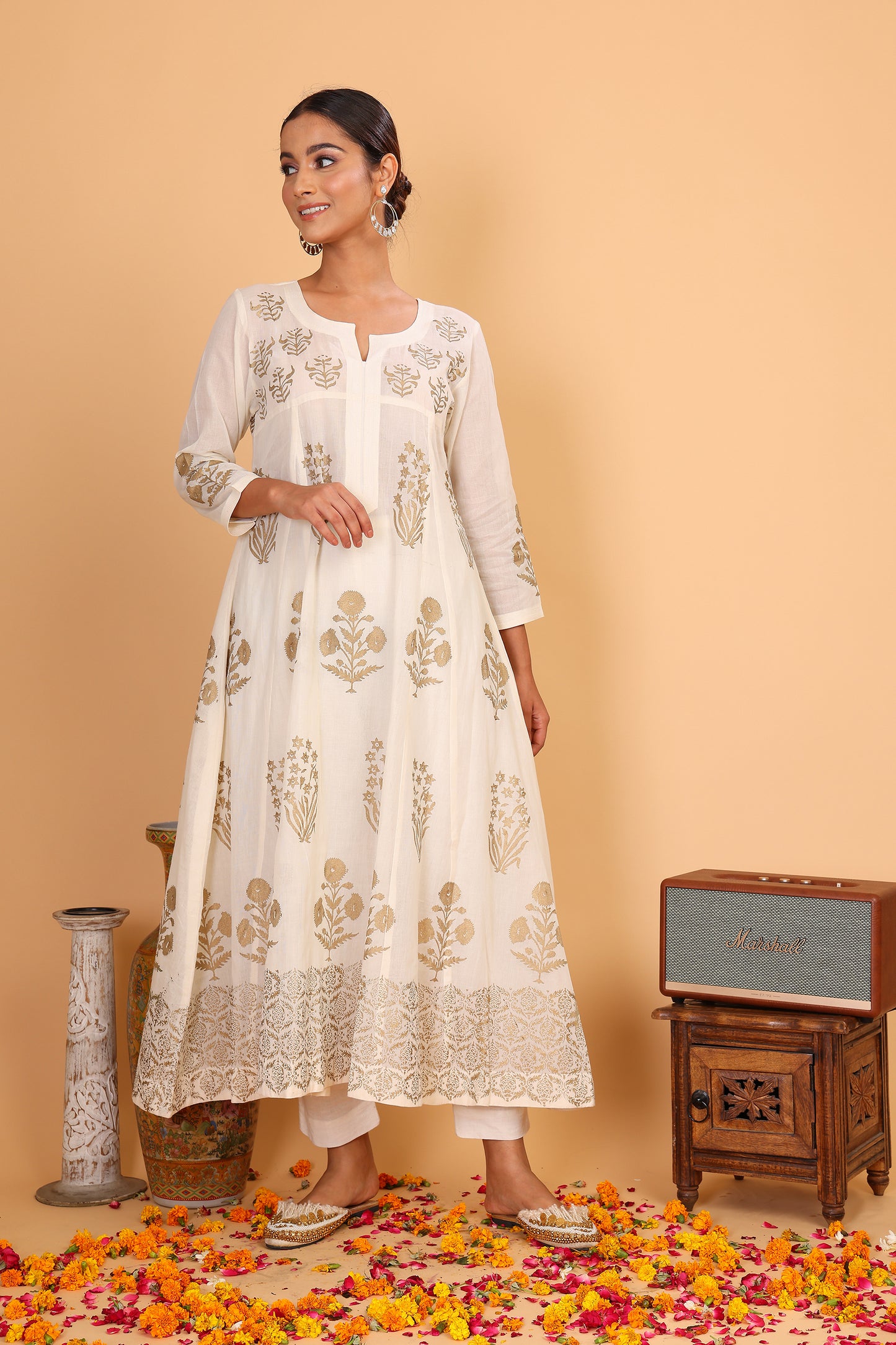 Kalidaar anarkali with chamapagne block print and pants