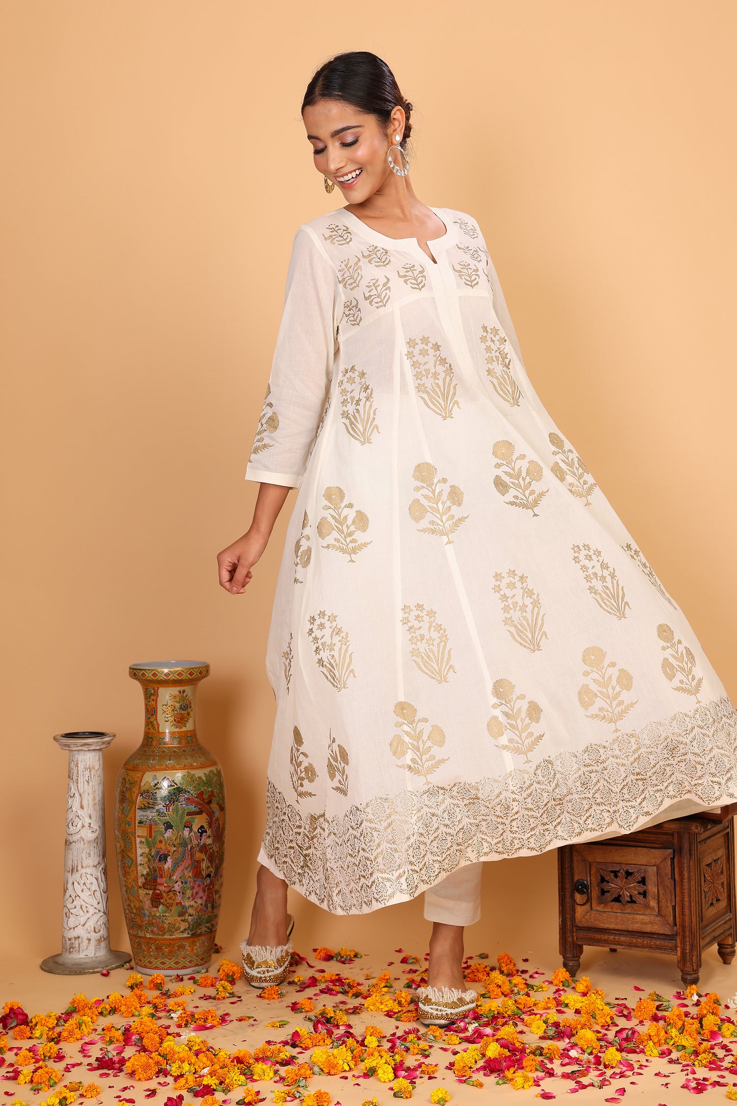 Kalidaar anarkali with chamapagne block print and pants