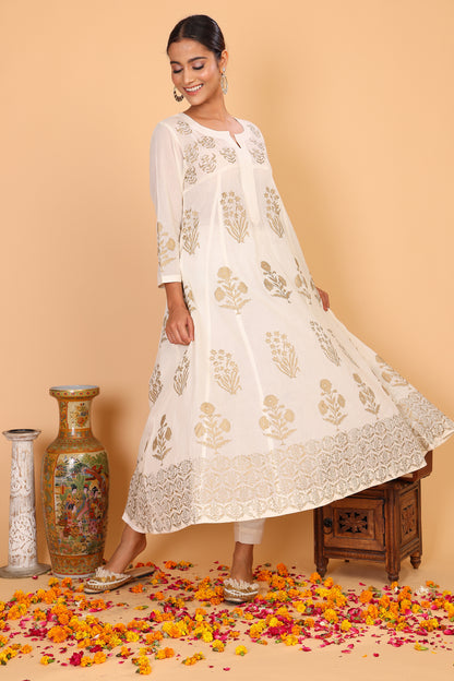 Kalidaar anarkali with chamapagne block print and pants