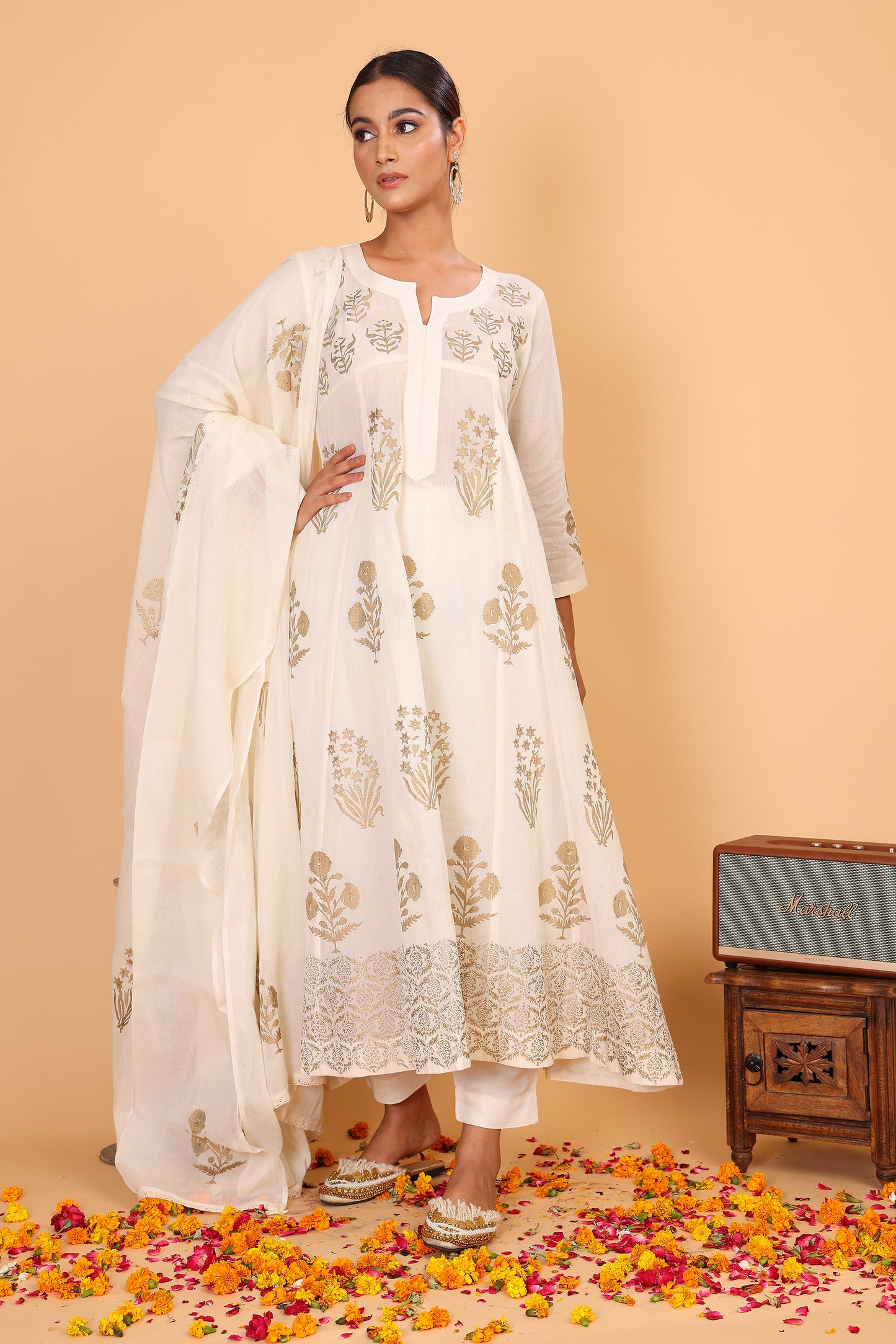 Kalidaar anarkali with chamapagne block print and pants