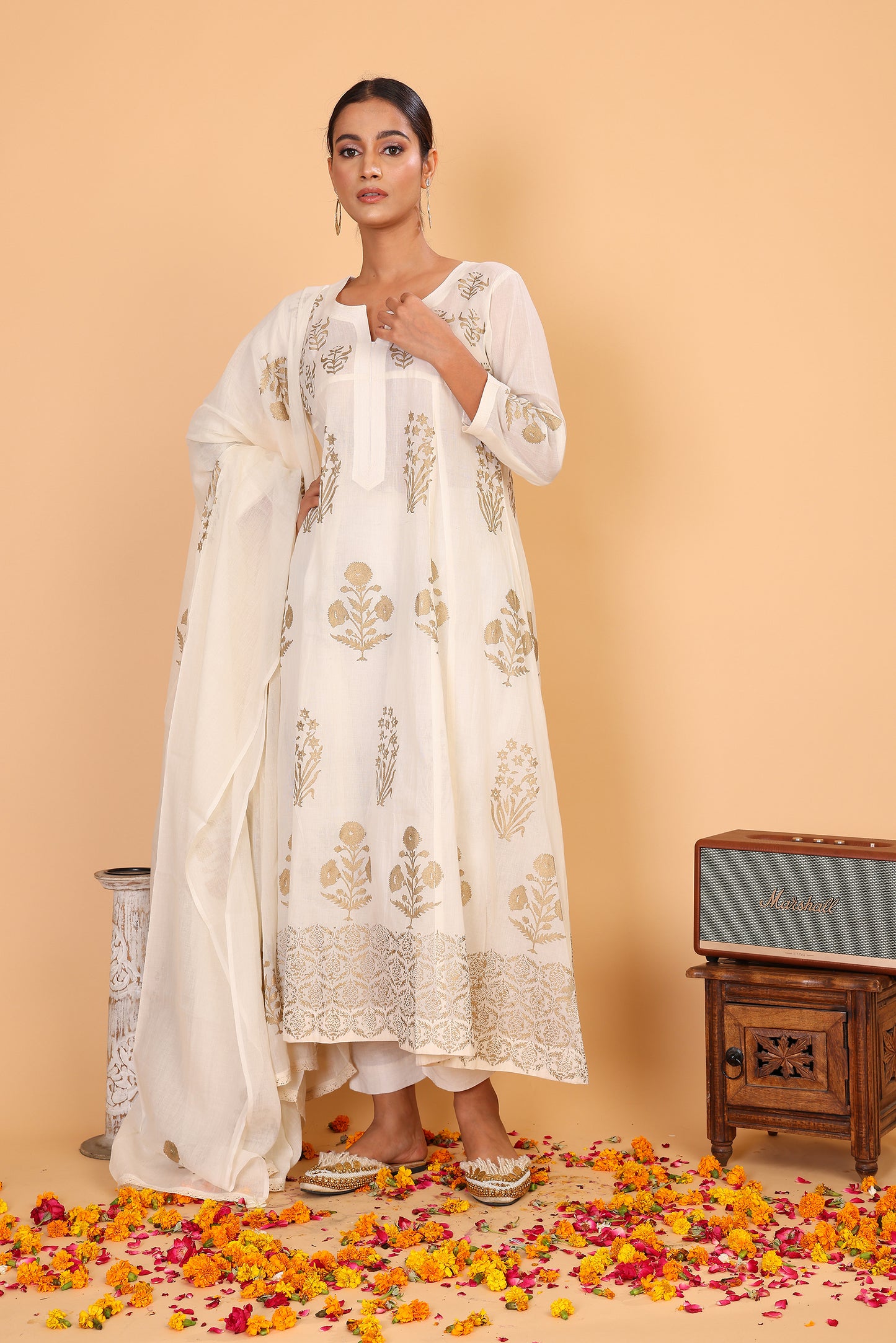 Kalidaar anarkali with chamapagne block print and pants