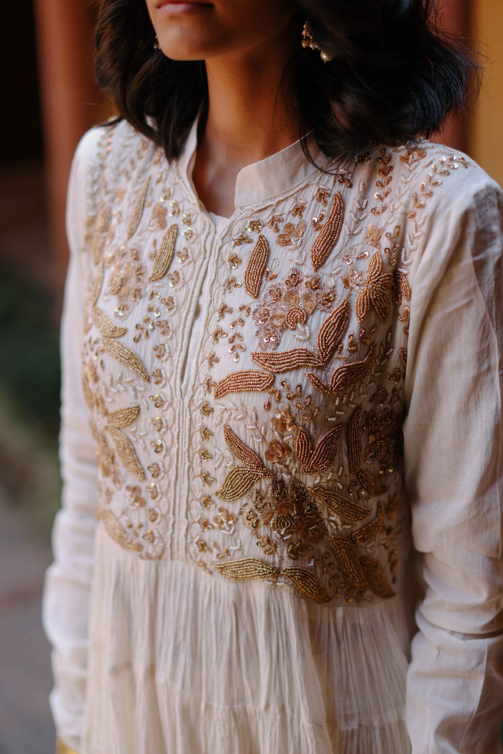 Ivory crushed Anarkali with gold embroidery