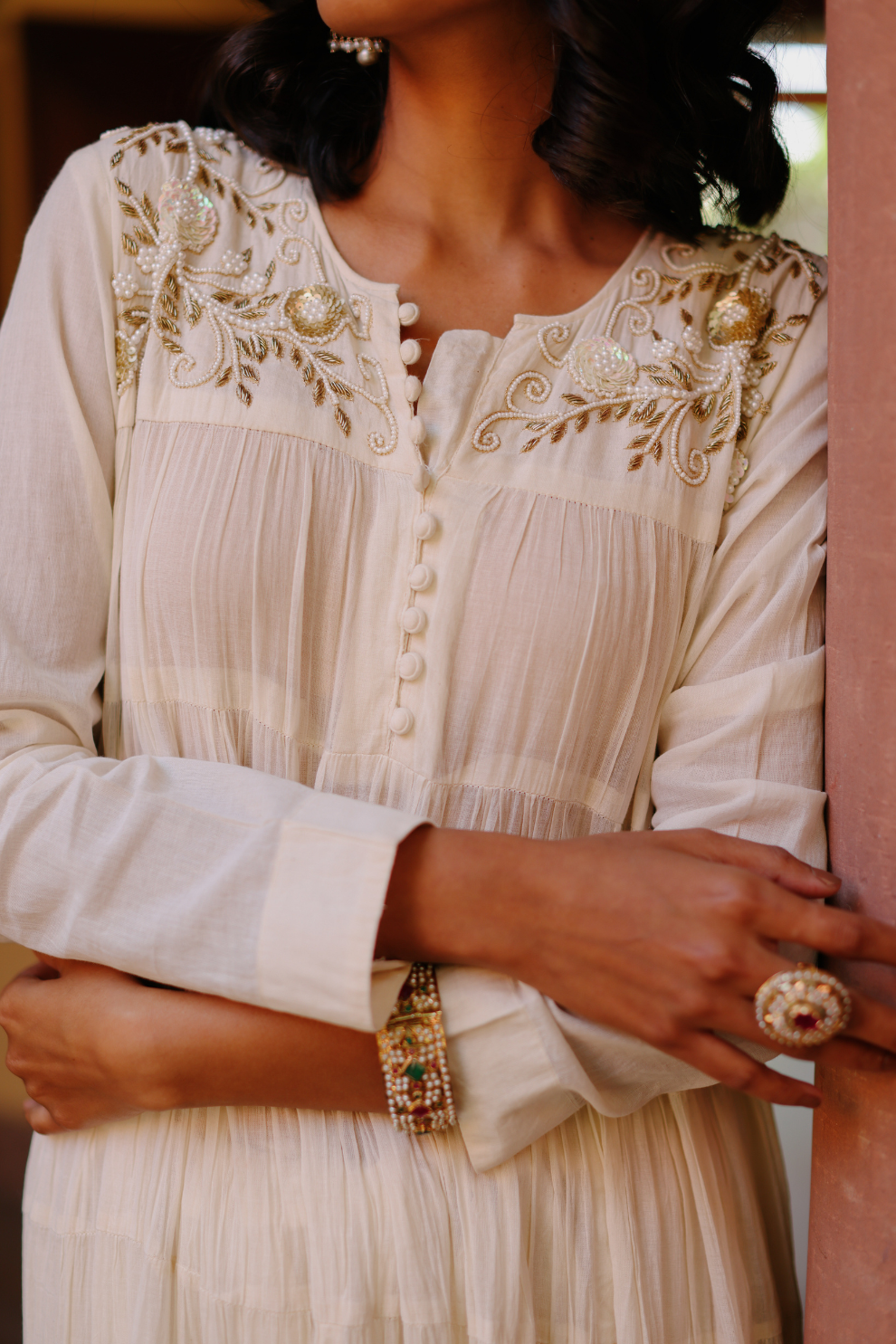 Ivory crushed anarkali with pearl embroidery