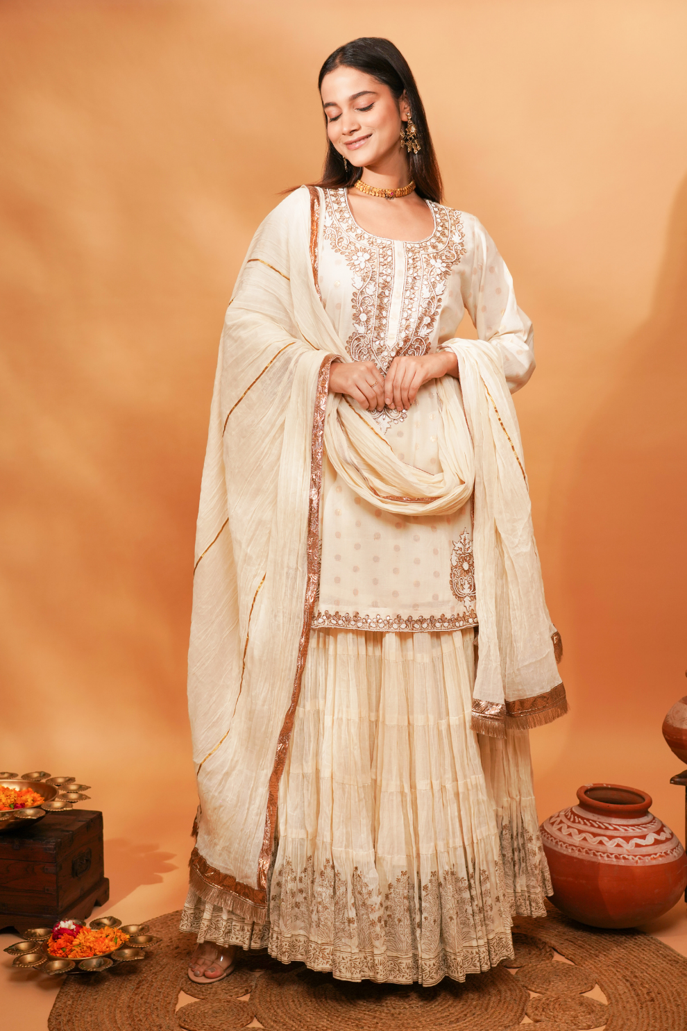 Ivory kurta with bead and gota embroidery with Ghagri